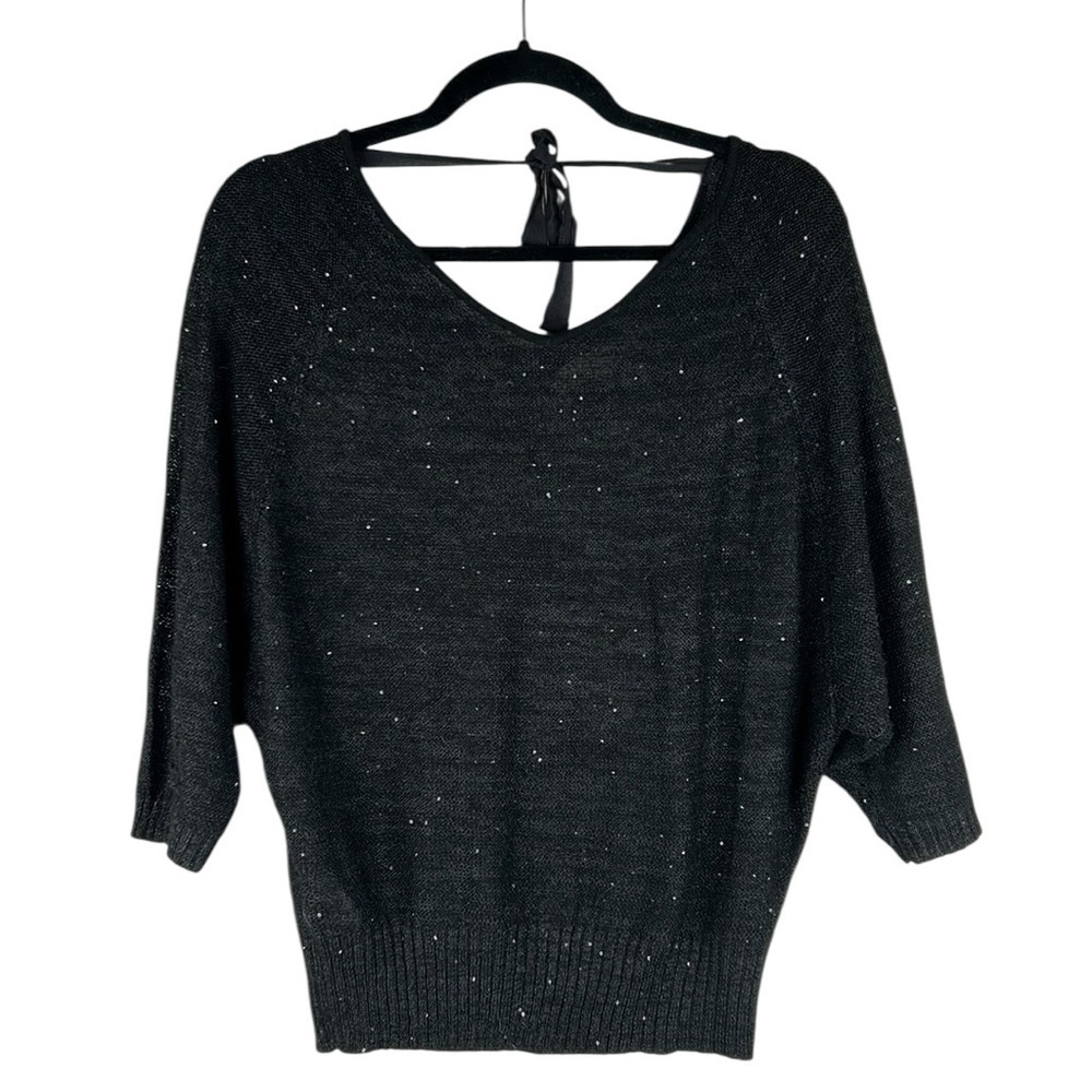 LOFT Black‎ Sequin Neck Tie Wool Blend Dolen Sleeve Knit Top Size Small